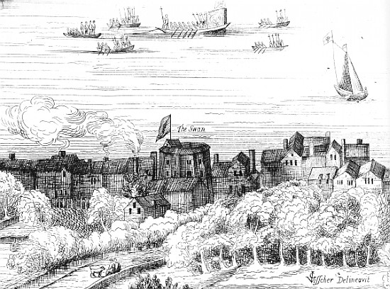 The Swan Theatre on the Bankside as it appeared in 1614 from English School
