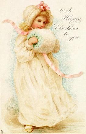 Christmas card depicting a girl with a muff
