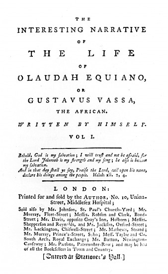 Title page to ''The Interesting Narrative of the Life of Olaudah Equiano, or Gustavus Vassa, the Afr from English School