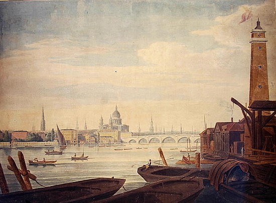 View of the Temple, St. Paul''s, and Blackfriars Bridge, from Maltby''s Shot Manufactory from English School