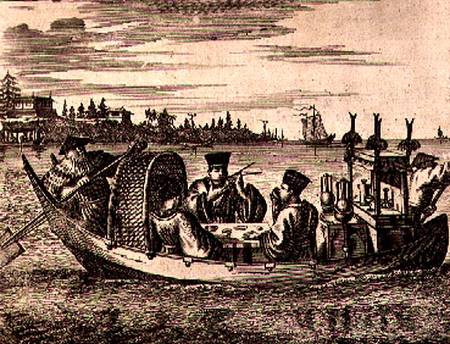 A Wealthy Mandarin Dining in a Boat, illustration from a description of Embassies to China from English School