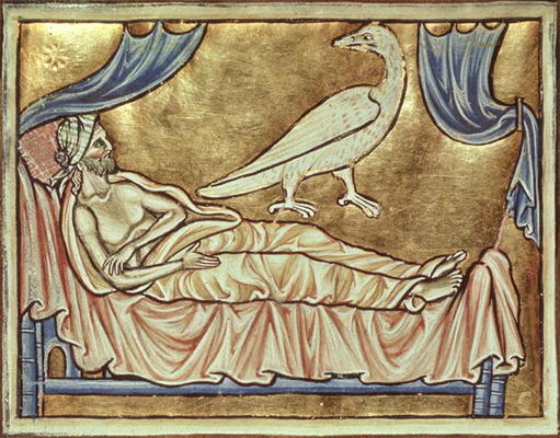 Roy 12 C XIX f.47v Caladrius bird, reputed to foretell the fate of a sick man, above a man in bed, f from English School, (13th century)