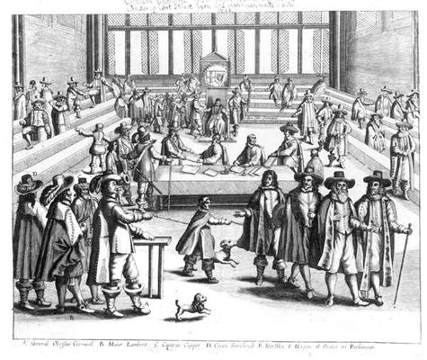 Oliver Cromwell (1599-1658) Dissolving The Parliament (engraving) (b/w photo) from English School, (17th century)