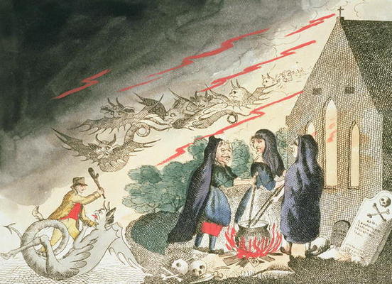 Three Witches in a Graveyard, c.1790s (coloured engraving) from English School, (18th century)