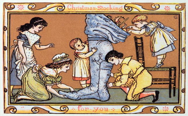 Christmas Stocking For You, a Victorian christmas card (engraving) from English School, (19th century)