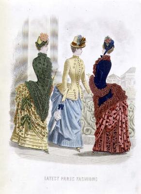 Latest Paris Fashions, three day dresses in a fashion plate from 'The Queen', May 1885 (coloured eng from English School, (19th century)