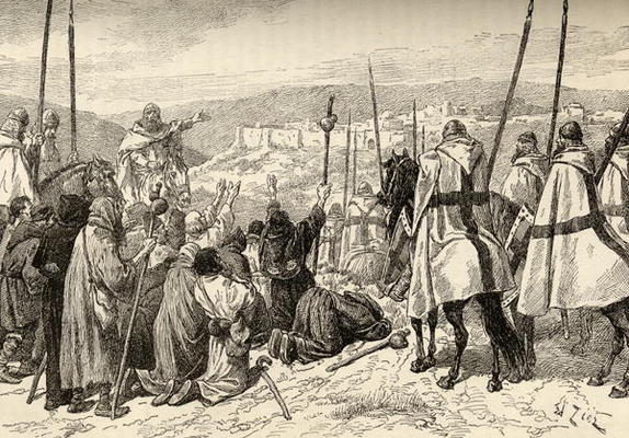 Pilgrims under escort of Knights Templar in front of Jerusalem in the 12th century (engraving) from English School, (19th century)