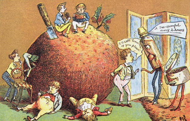 The Christmas Pudding, a Victorian christmas card (colour engraving) from English School, (19th century)