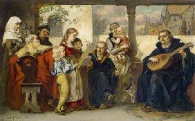 In the circle of his family playing instruments for Martin Luther (with Cranach u.Melanchthon)