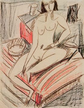 Female nude, sitting on bed