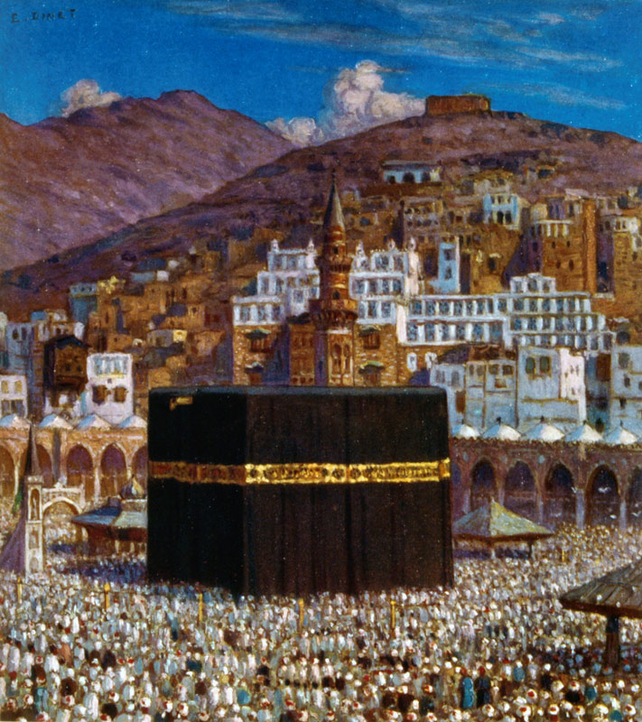 Illustration depicting Moslem pilgrims at the Kabbah in Mecca. by Nasreddine Dinet from Etienne Dinet