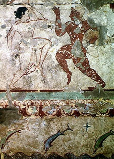 Two Dancers and Dolphins Leaping through Waves, frieze from the Tomb of the Lionesses in the necropo from Etruscan