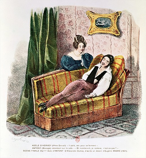 Marie Dorval (1798-1849) in the role of Adele d''Hervey and Bocage (1797-1863) as Antony, in the fin from Eugene Andre
