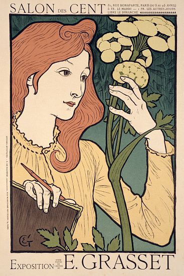 Reproduction of a poster advertising an 'Exhibition of work by Eugene Grasset, at the Salon des Cent from Eugene Grasset