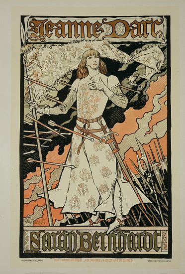Reproduction of a poster advertising 'Joan of Arc', starring Sarah Bernhardt at the Renaissance Thea from Eugene Grasset
