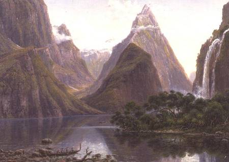 Native figures in a canoe at Milford Sound, West Coast of South Island, New Zealand, also depicted a from Eugene von Guerard