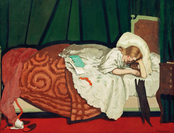 Woman in bed playing with a cat from Felix Vallotton