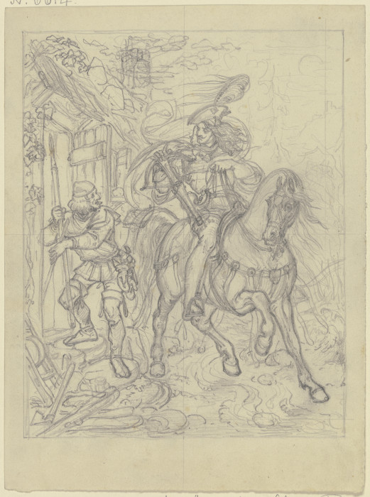 Ungedeutete Szene: Ein Ritter mit Armbrust an einer Hütte haltend, ein Knappe betritt diese from Ferdinand Fellner
