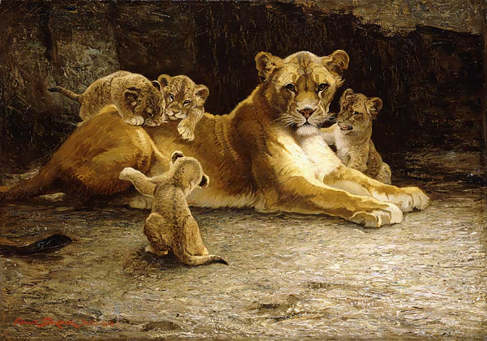 A Lioness with her Cubs, 1913 from Ferdinand Schebek