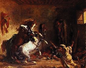 Fighting arab horses in a stable from Ferdinand Victor Eugène Delacroix