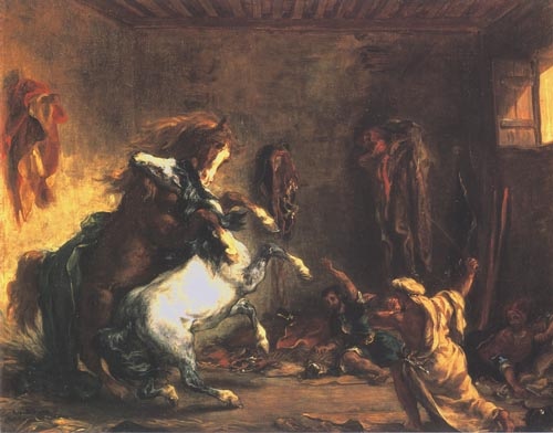 Fighting Arabian horses in a stable from Ferdinand Victor Eugène Delacroix