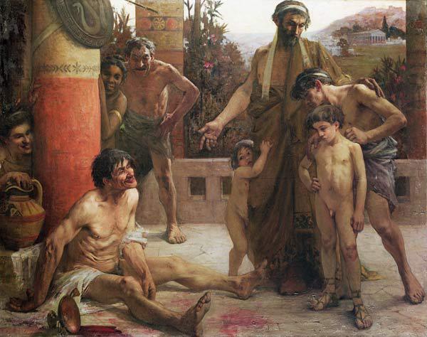 A Spartan points out a drunken slave to his sons, 1900 (oil on canvas) 