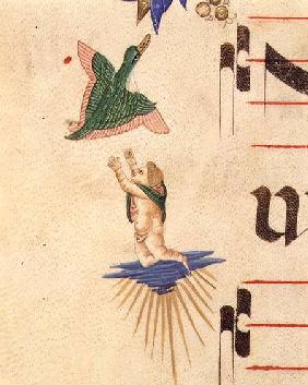 Missal 515 f.13v A cloaked cherub trying to catch a flying bird, from a decorative border