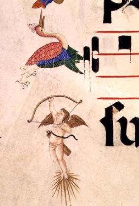 Missal 515 f.5r A Cherub shooting a stork with a bow and invisible arrow