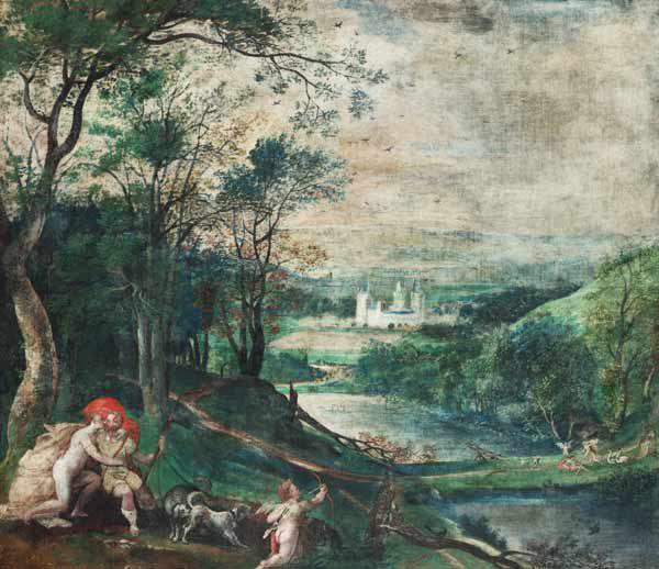 Venus and Adonis in a wooded Landscape in front of Castle Beersel
