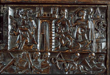 The Courtrai Chest depicting Flemish foot soldiers defeating French cavalry  (detail) from Flemish School