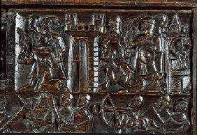 The Courtrai Chest depicting Flemish foot soldiers defeating French cavalry  (detail)