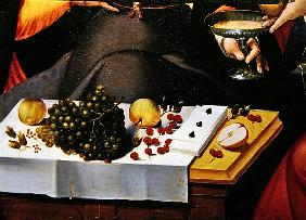 Scene Galante at the Gates of Paris, detail of fruits, playing cards and a goblet (detail of 216104)