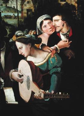 Scene Galante at the Gates of Paris, detail of a couple and a lute player