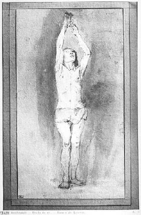 Young boy with a loincloth, both hands hanged on a small bar (pen, brown ink & wash on paper)