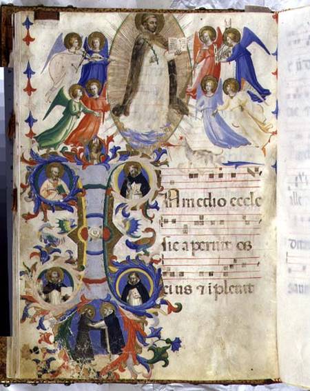Ms 558 f.67v Page depicting St. Dominic and an historiated initial 'I' from a gradual book from San from Fra Beato Angelico