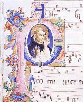 Missal 558 f.24v Historiated initial 'P' depicting a male saint
