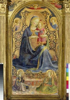 Maria with the Jesuskind sitting enthroned, of angels surround