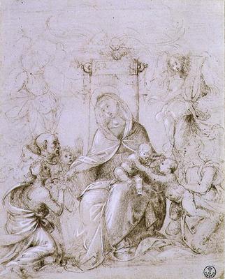 Madonna and Child enthroned with St. John the Baptist presented by an angel and St. Monica (pen and from Fra Bartolommeo