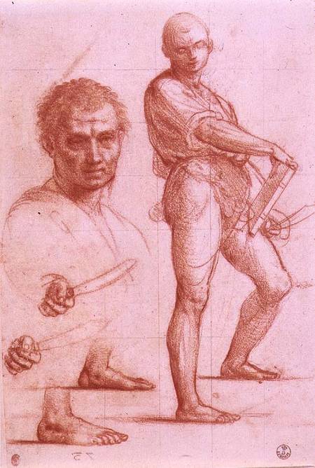 Study of a male holding a sword and a book, the sword and feet rehearsed twice, and a male head from Fra Bartolommeo