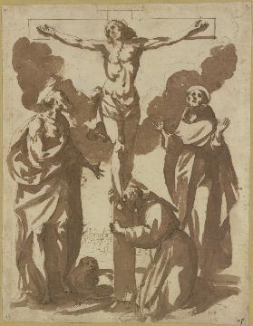 Christus am Kreuze, dabei die Heiligen Hieronymus, Franziskus und Antonius