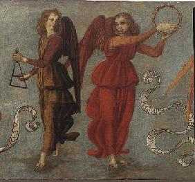 Angels playing the tambourine and triangle