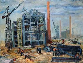 At the Building, 1951 (oil on canvas)
