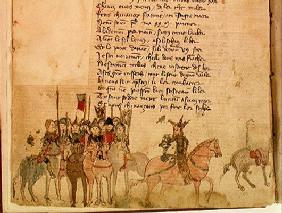 Ms Est 27 W 8.17 f.1v Attila the Hun (c.406-453) and his army on horseback, from 'The War of Attila'