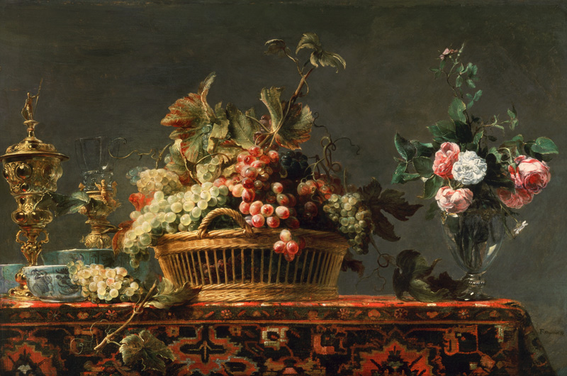Quiet life with basket with grapes and a rose vase from Frans Snyders