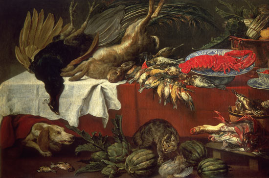 Quiet lives with game, lobster, birds, melons, dog and cat from Frans Snyders