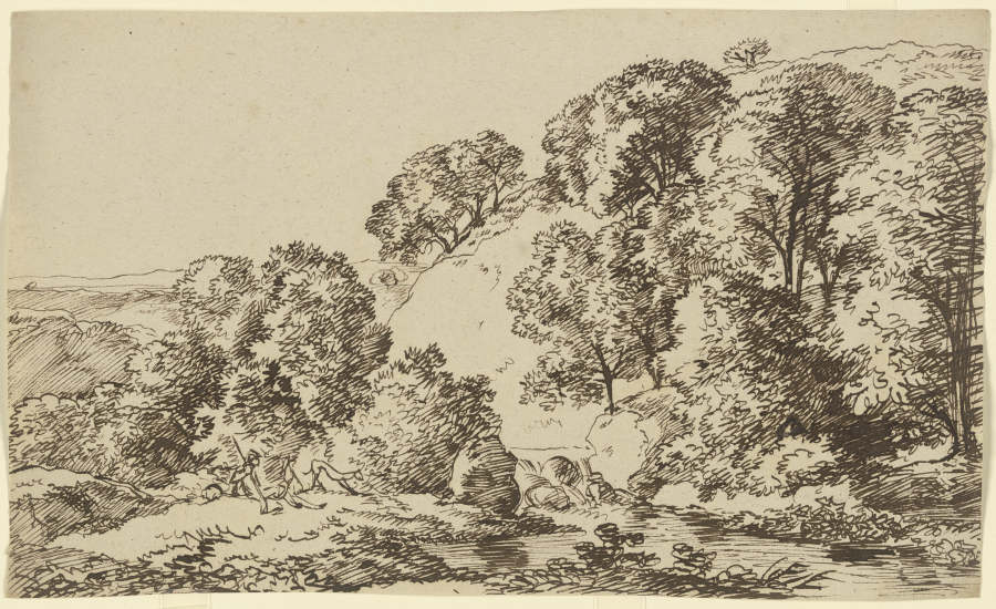 Baumbestandener Hügel, im Vordergrund ein Gewässer mit lagernden Wanderern from Franz Innocenz Josef Kobell
