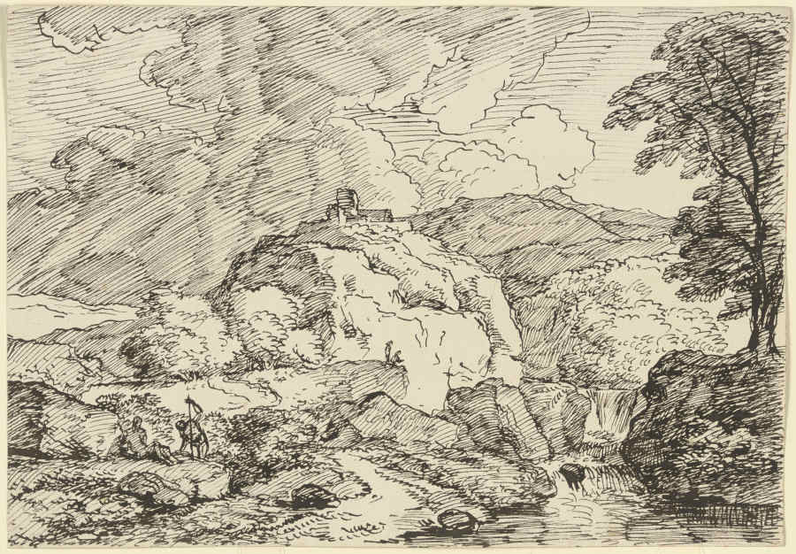 Berglandschaft mit einer Burg auf einem Felssporn und aufziehendem Gewitter, im Vordergrund zwei Wan from Franz Innocenz Josef Kobell