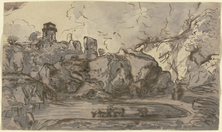 Burgruine an einem Gewässer, in dem Kühe stehen from Franz Innocenz Josef Kobell