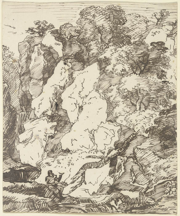 Ein rastender Wanderer zu Füßen einer Felswand sitzend, mit deiktischem Gestus auf diese weisend (?) from Franz Innocenz Josef Kobell
