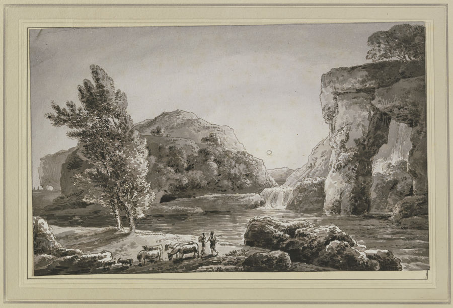 Ideallandschaft mit Wasserfall und einer Viehherde mit zwei Hirten from Franz Innocenz Josef Kobell